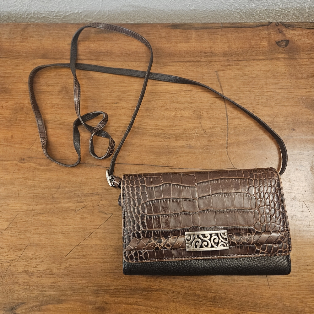 BRIGHTON Messenger Bag Wallet Organizer Black Brown Croc Ornate Silver Buckle
